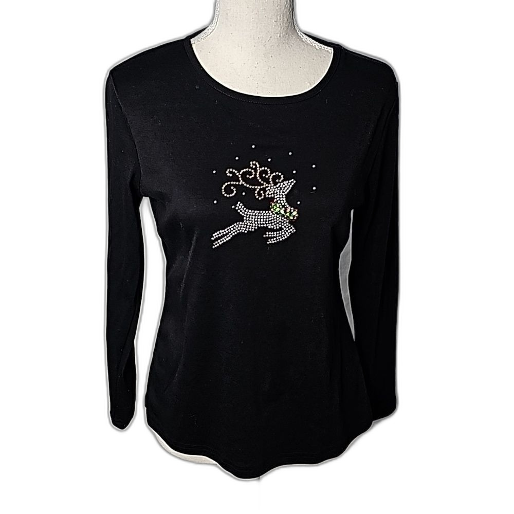 Christmas Blouse by Karen Scott Black with Rhinestones Size PM